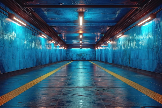 An empty underground blue room with bare walls and lighting metro