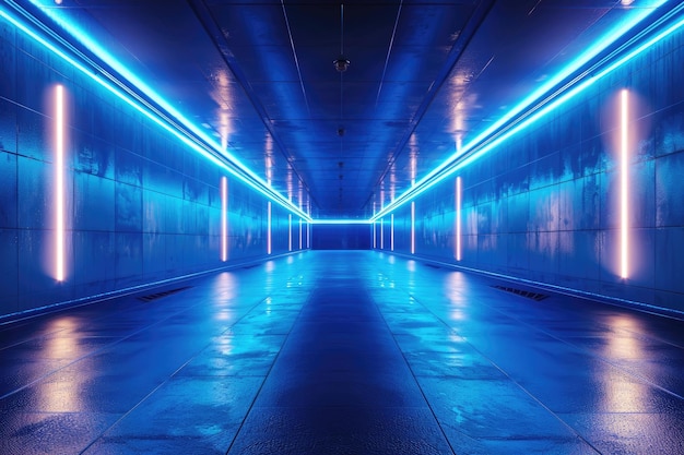 An empty underground blue room with bare walls and lighting metro