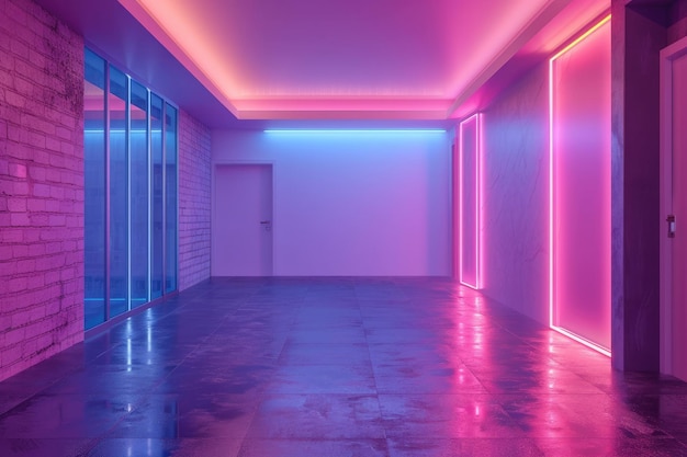 An empty underground blue room with bare walls and lighting with empty space