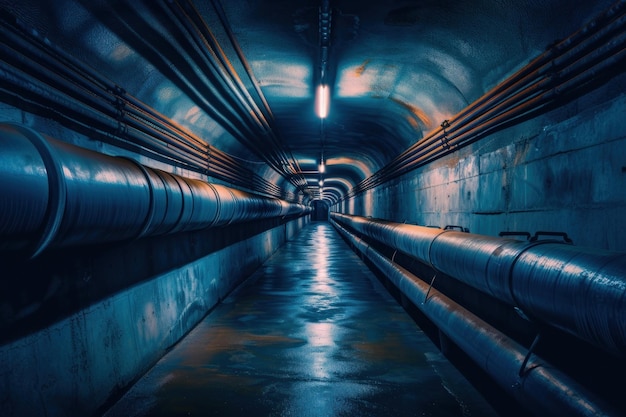 Photo empty underground corridor with drainage system and metal pipelines tunnel infrastructure transportation