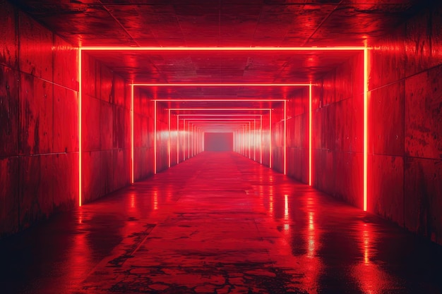 An empty underground red room like tunnel with bare walls and lighting metro