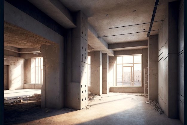 Empty unfinished hall in office building on abandoned construction site