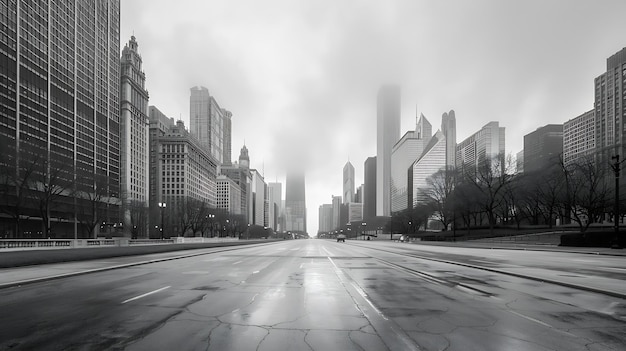 Empty Urban City Street View Black and White on Cloudy Foggy Day of Chicago Skyline Generative AI