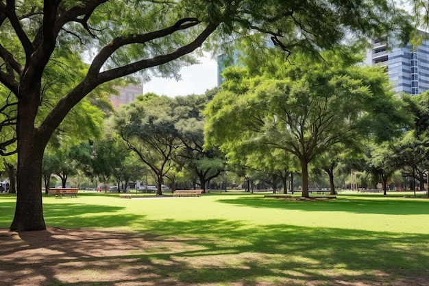 Empty urban park with manicured lawns and shady trees