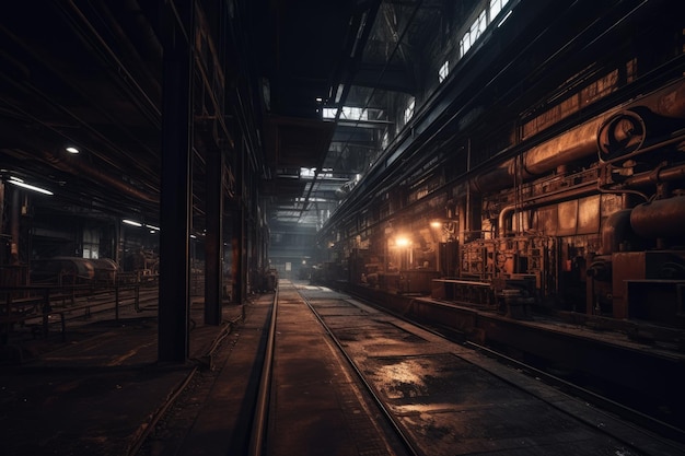 Empty Vast Industrial Factory at Night