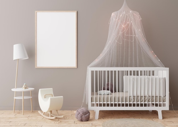 Empty vertical picture frame on grey wall in modern child room Mock up interior in scandinavian style Free copy space for your picture Baby bed table Cozy room for kids 3D rendering