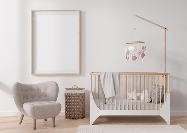 Empty vertical picture frame on white wall in modern child room Mock up interior in scandinavian style Free copy space for your picture Baby bed armchair Cozy room for kids 3D rendering