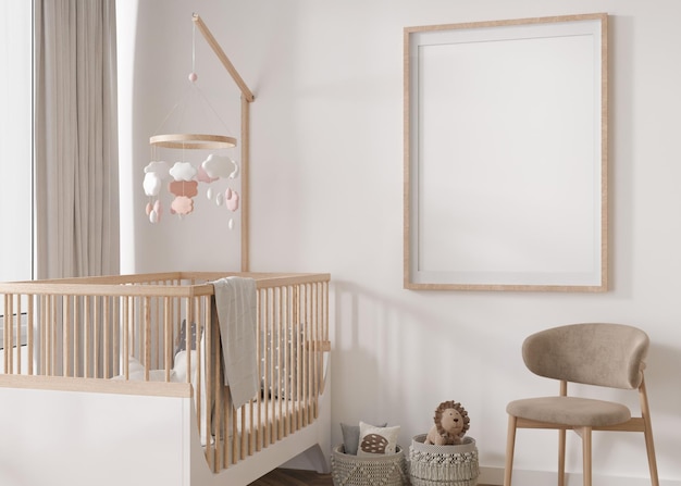 Empty vertical picture frame on white wall in modern child room Mock up interior in scandinavian style Free copy space for your picture Baby bed chair Cozy room for kids 3D rendering