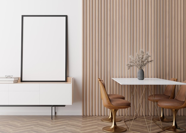 Empty vertical picture frame on white wall in modern dining room Mock up interior in minimalist contemporary style Free space copy space for your picture Dining table chairs vase 3D rendering