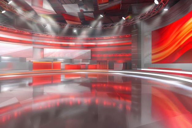 An empty yet vibrant news studio set bathed in red lighting with spotlights illuminating the polished floor The set is designed for live television broadcasts