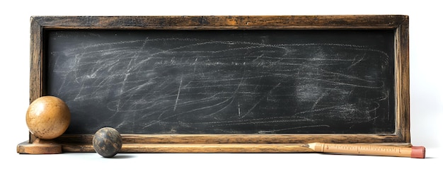 Photo empty vintage chalkboard with school supplies on wooden desk