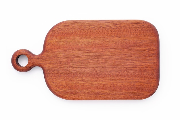 Empty vintage wooden cutting board isolated on white background top view.