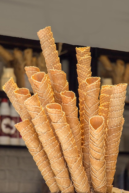 Empty Waffle Ice Cream Cones in view