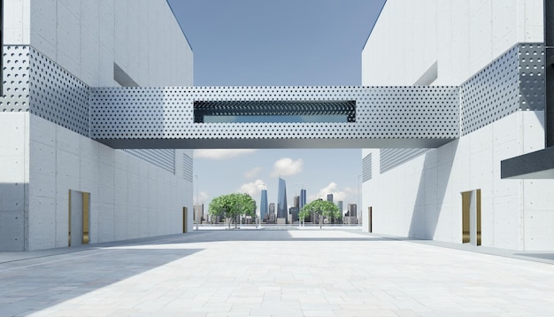 Empty walkway road and modern office buildings exterior. 3d rendering