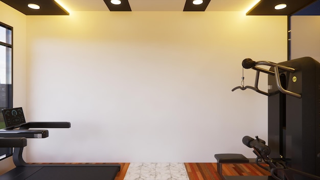 Empty wall background mockup in modern gym interior with exercise equipments 3d rendering