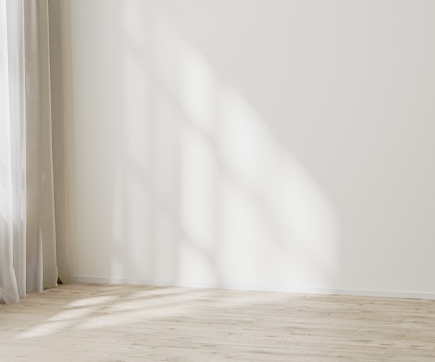 Empty wall mock up, empty room with white wall with sunlight and shadows near window, wooden floor, 3d illustration