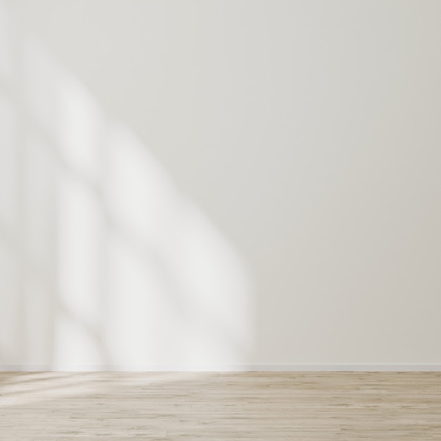 Empty wall mock up, empty room with white wall with sunlight and shadows, wooden floor, 3d illustration