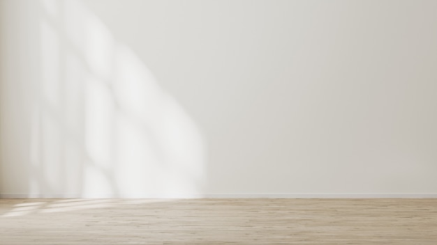 Empty wall mock up, empty room with white wall with sunlight and shadows, wooden floor, 3d illustration