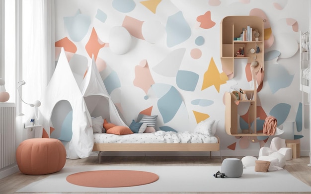 empty wall mockup in modern kids room interior 3d render