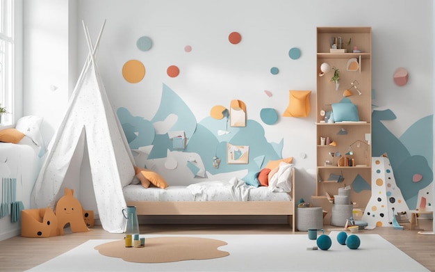 empty wall mockup in modern kids room interior 3d render