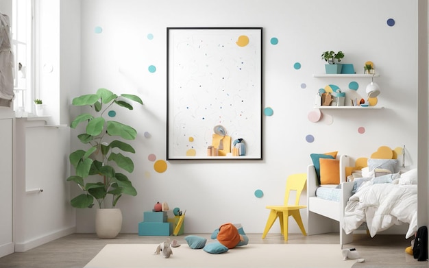 empty wall mockup in modern kids room interior 3d render