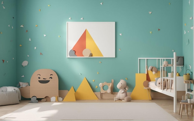 empty wall mockup in modern kids room interior 3d render