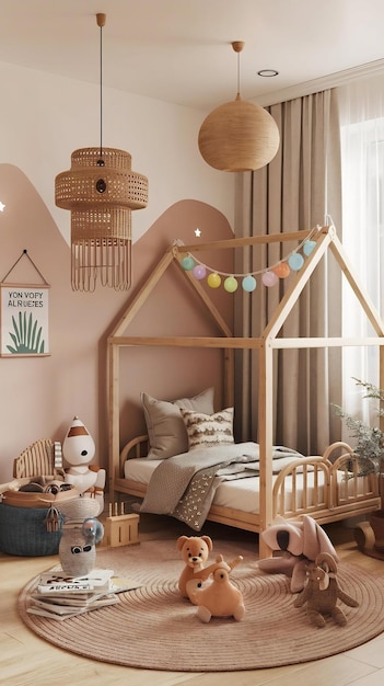 Empty wall in modern child room mock up interior in boho style free copy space for your picture or