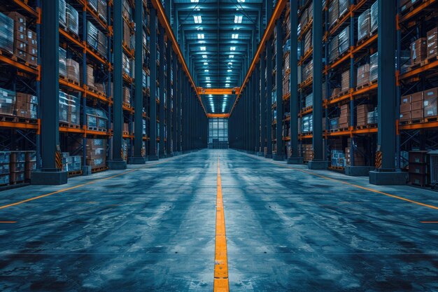 Photo empty warehouse aisle with rows of shelving