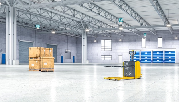 Empty warehouse few packages and forklift