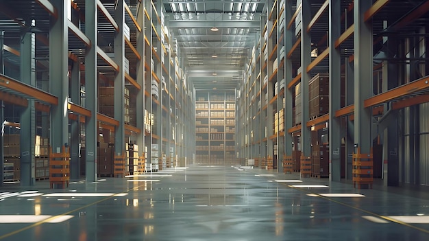 Empty Warehouse Interior 3D Illustration with Gray and Orange Steel Beams and Reflective Floor