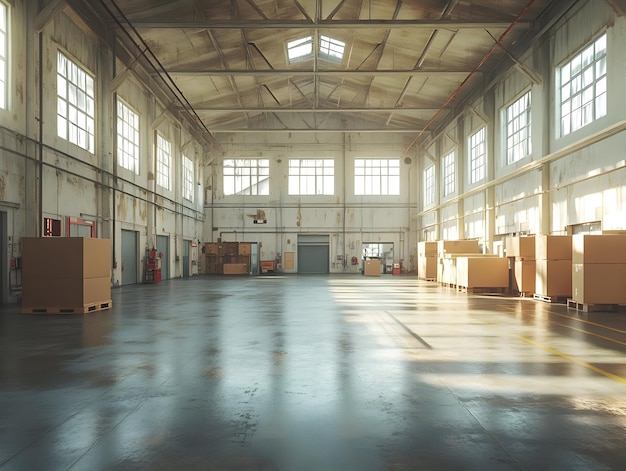 Empty Warehouse Interior 3D Illustration With Sunlight Cardboard Boxes Concrete Floor and Large Windows