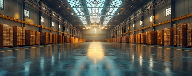 Empty Warehouse Interior Illustration With Cardboard Boxes Sunlight and Shiny Floor