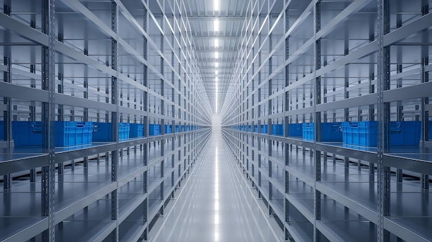 Photo empty warehouse shelves with blue storage bins