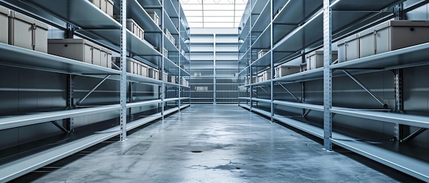 Empty Warehouse Shelving Rows with Metal Storage Racks