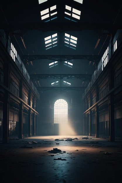 Empty warehouse with bright light coming through the windows on the side of the building Generative AI