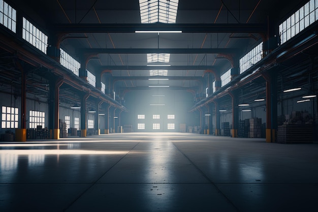 Empty warehouse with lot of light coming through the windows on foggy day Generative AI