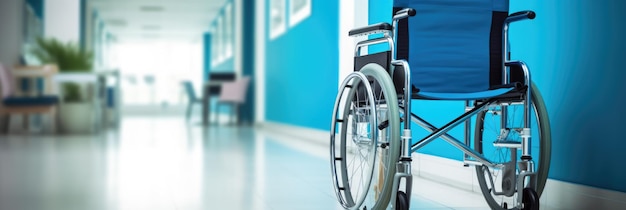 Empty wheelchair positioned in a brightly lit clean hospital corridor suggesting themes of healthcare and accessibility