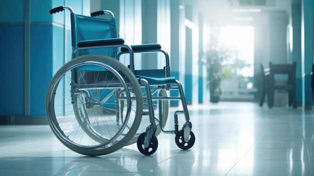 Empty wheelchair positioned in a brightly lit clean hospital corridor suggesting themes of healthcare and accessibility