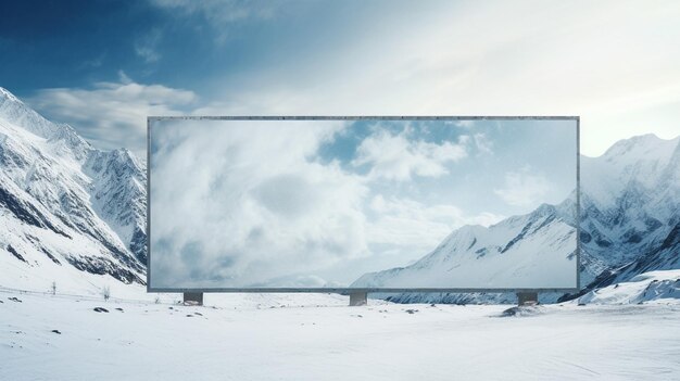 Empty white billboard on the side of highway in forest during sunrise fog