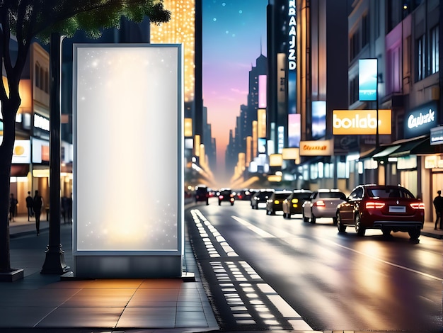 An empty white blank billboard standing by a city roadside with light trails in the city at night