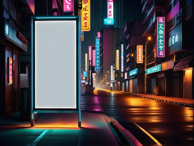 An empty white blank billboard standing by a city roadside with light trails in the city at night