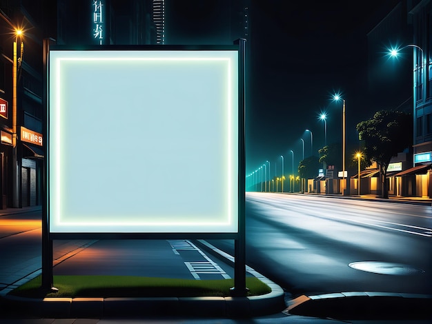 An empty white blank billboard standing by a city roadside with light trails in the city at night