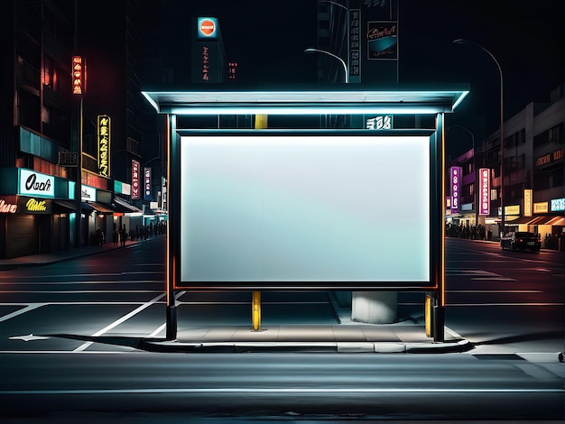 An empty white blank billboard standing by a city roadside with light trails in the city at night