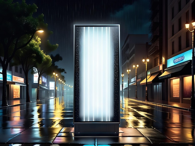 An empty white blank billboard standing by a city roadside with light trails in the city at night