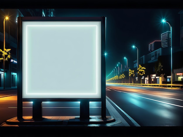 An empty white blank billboard standing by a city roadside with light trails in the city at night