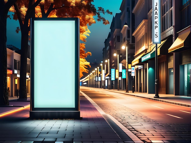 An empty white blank billboard standing by a city roadside with light trails in the city at night