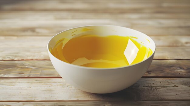 Empty white bowl with hand painted yellow inside Isolated on wooden background Generative AI