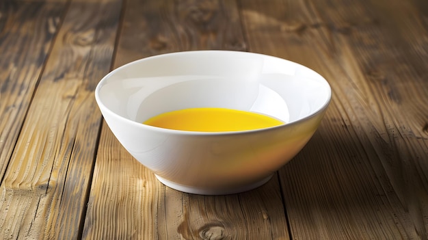 Empty white bowl with hand painted yellow inside Isolated on wooden background Generative AI