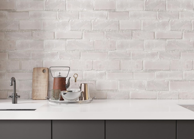 Empty white brick wall in kitchen Mock up interior Close up view Free copy space for your picture or other small object 3D rendering