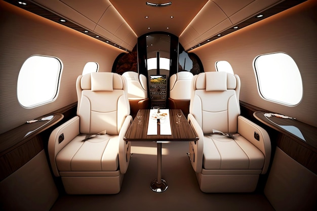 Empty white business jet aircraft interior with stylish armchairs generative ai